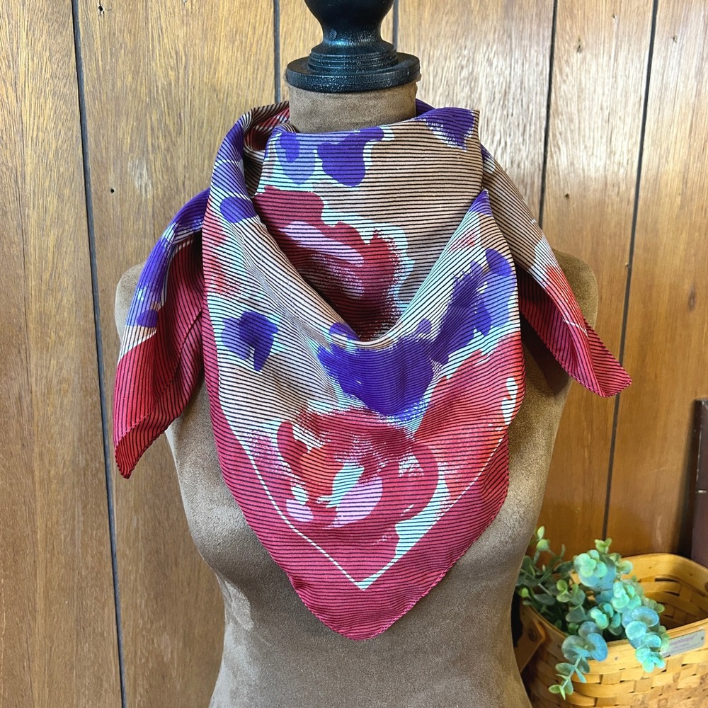 Vibrant Vintage Floral Print Silk Scarf Square Red Purple Blue Lines Accent